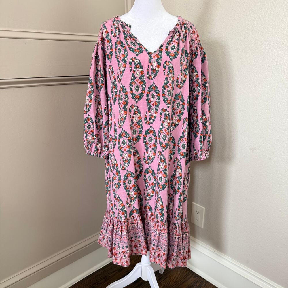 Knox Rose Pink Paisley V-Neck Tunic Dress Size L Boho Flowy Cottagecore Boho